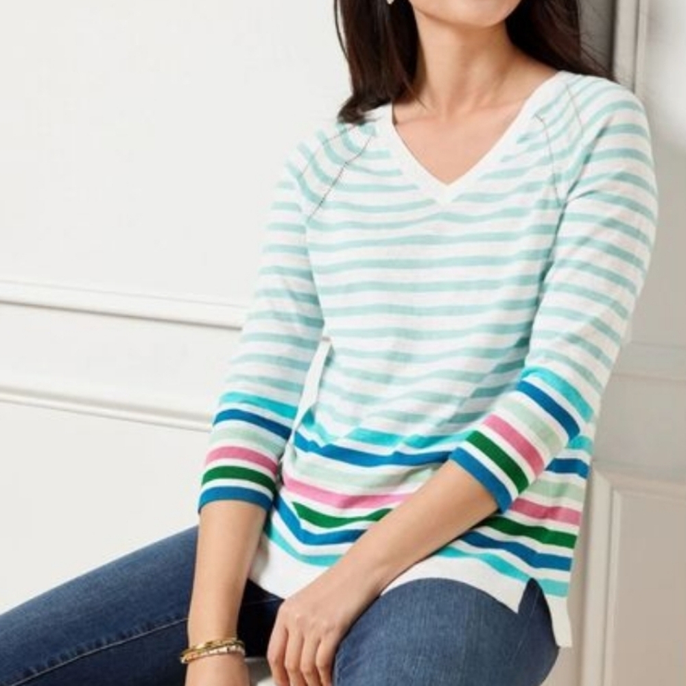 NWT Talbots Sweater Paradise Stripe V Neck ¾ Sleeve 100% Cotton Preppy Multi LG